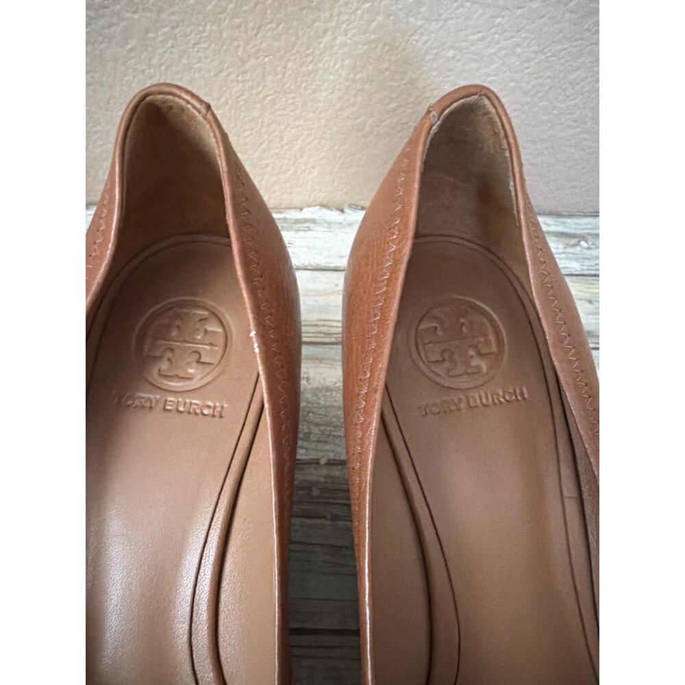 Tory Burch Women's Sally 2 Cognac Leather Peep Toe Wedge Heels Sz 11 Used No Box - Picture 4 of 11